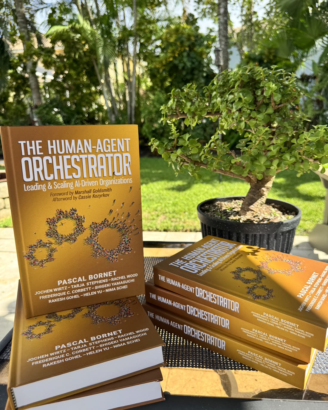 Copies of The Human-Agent Orchestrator stacked on a garden table beside a bonsai tree.