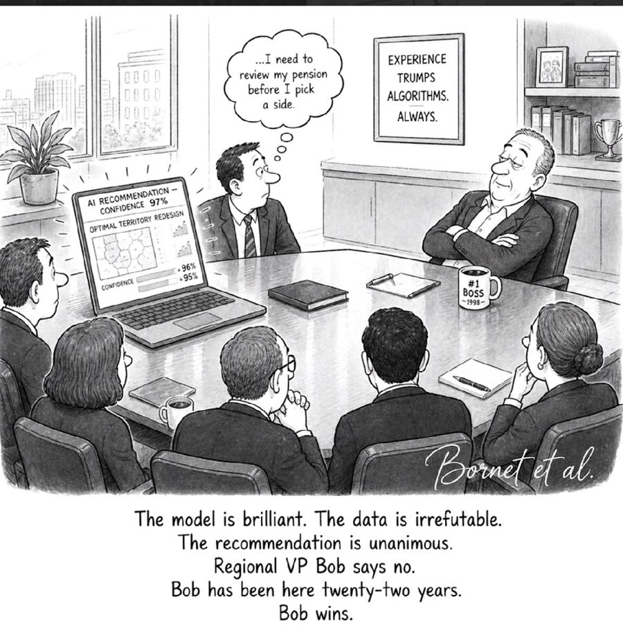 Cartoon: the model is brilliant, the data irrefutable, and Bob still says no.