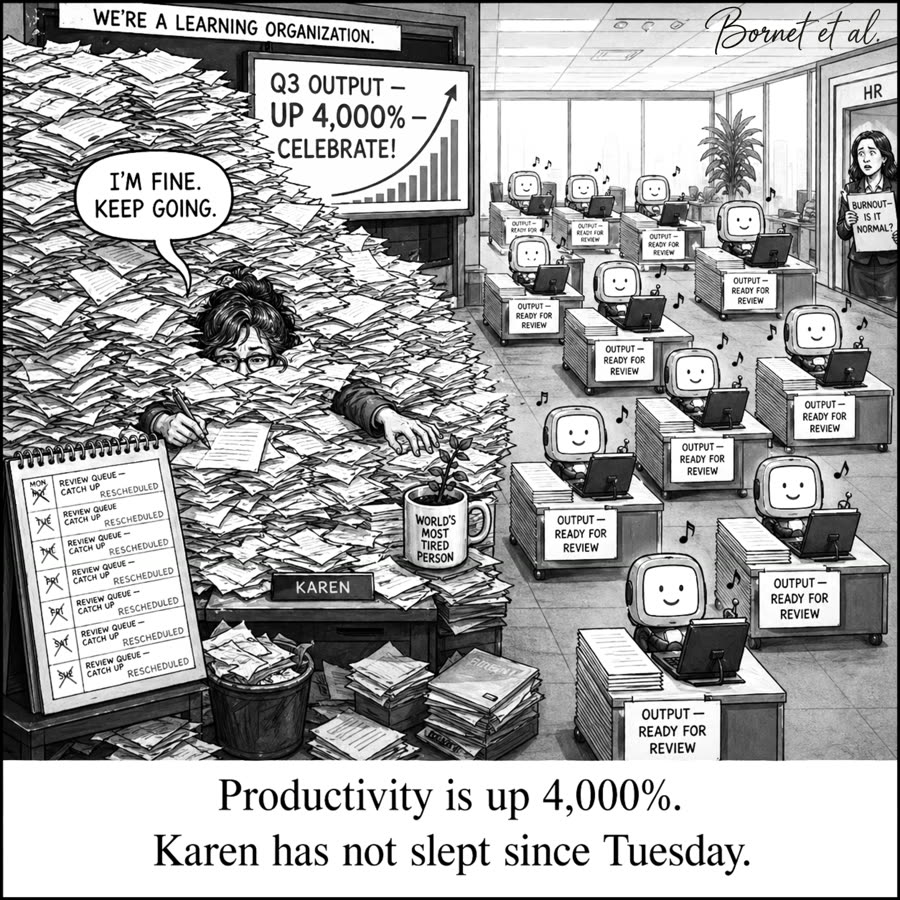 Cartoon: productivity is up 4,000% and Karen has not slept since Tuesday.