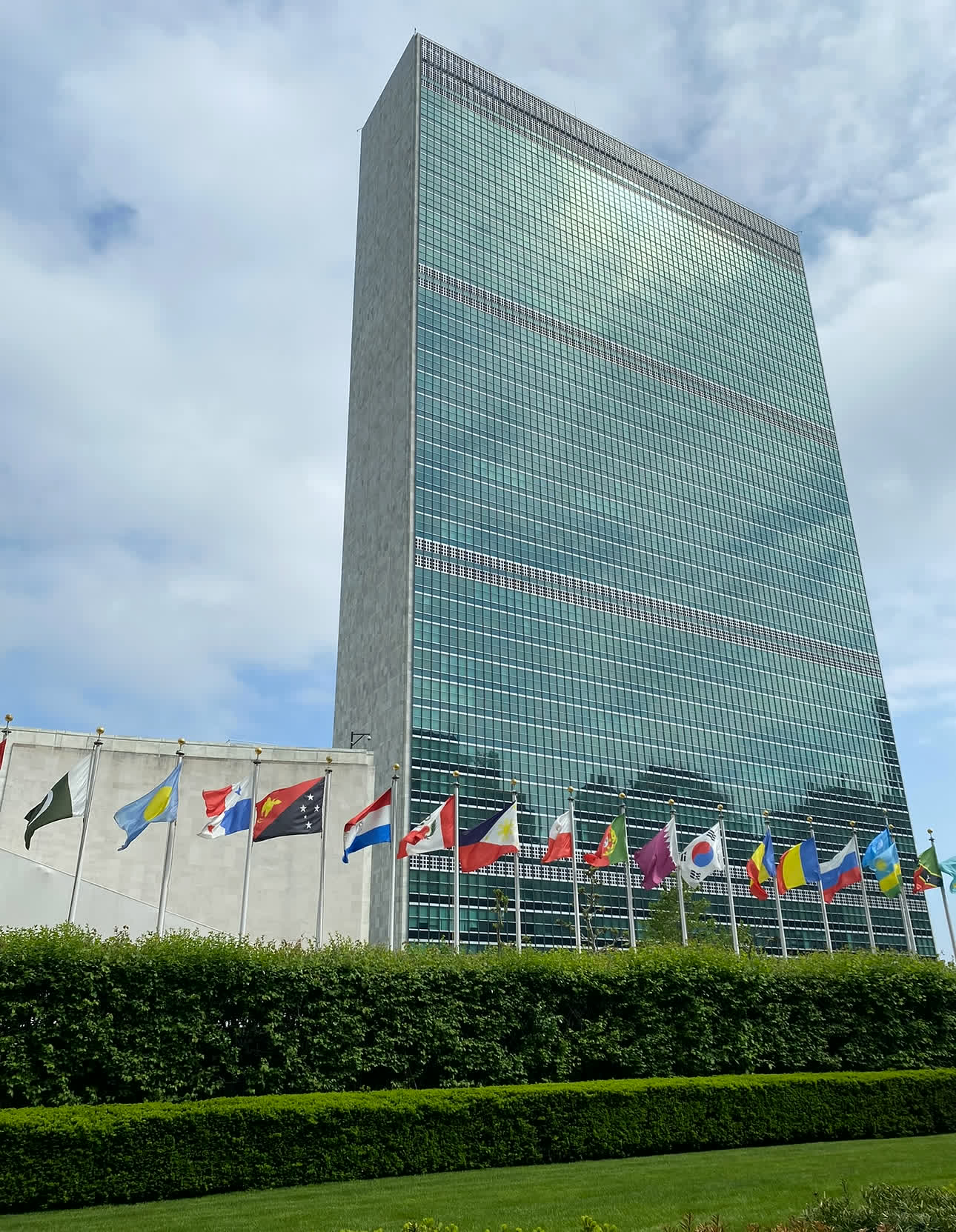 The United Nations headquarters in New York with the member flags