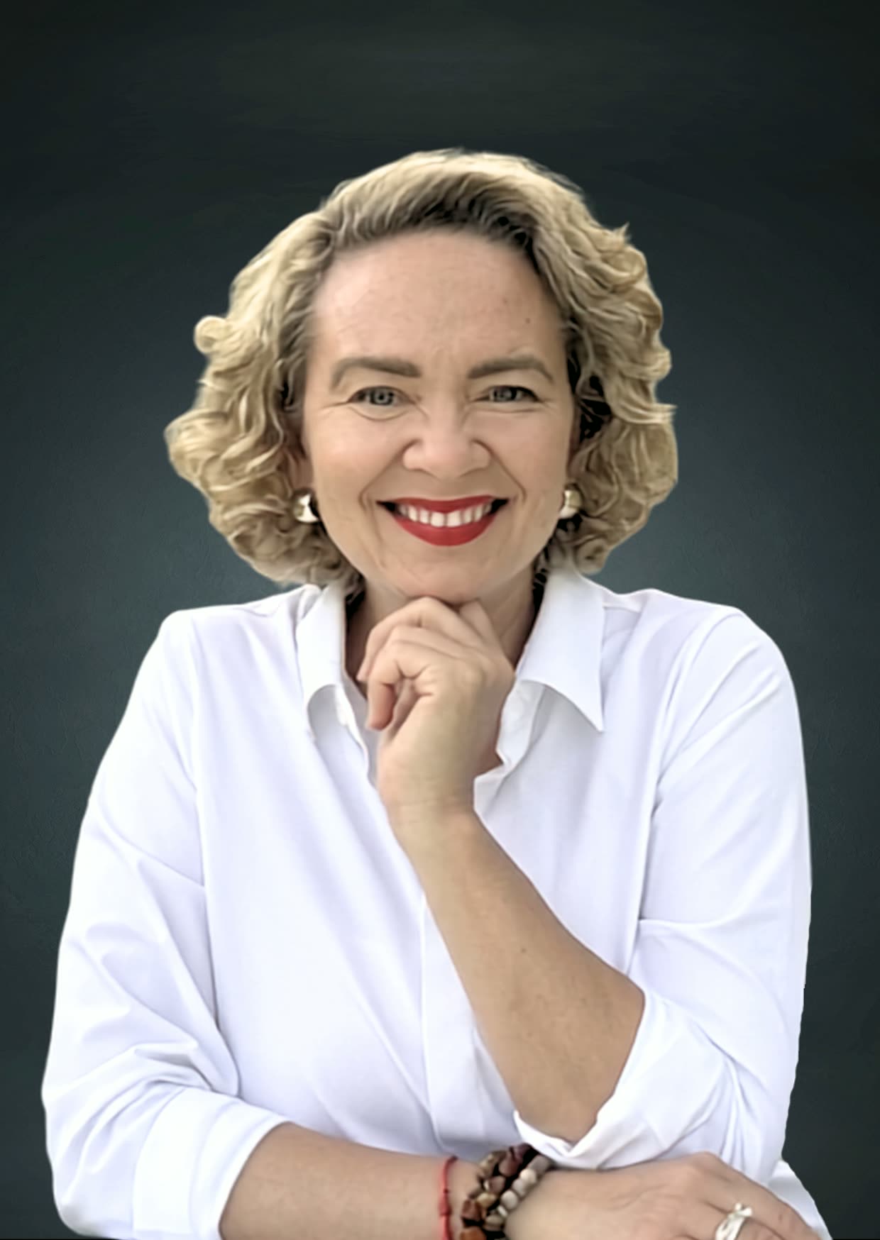 Tarja Stephens, studio portrait in a white shirt
